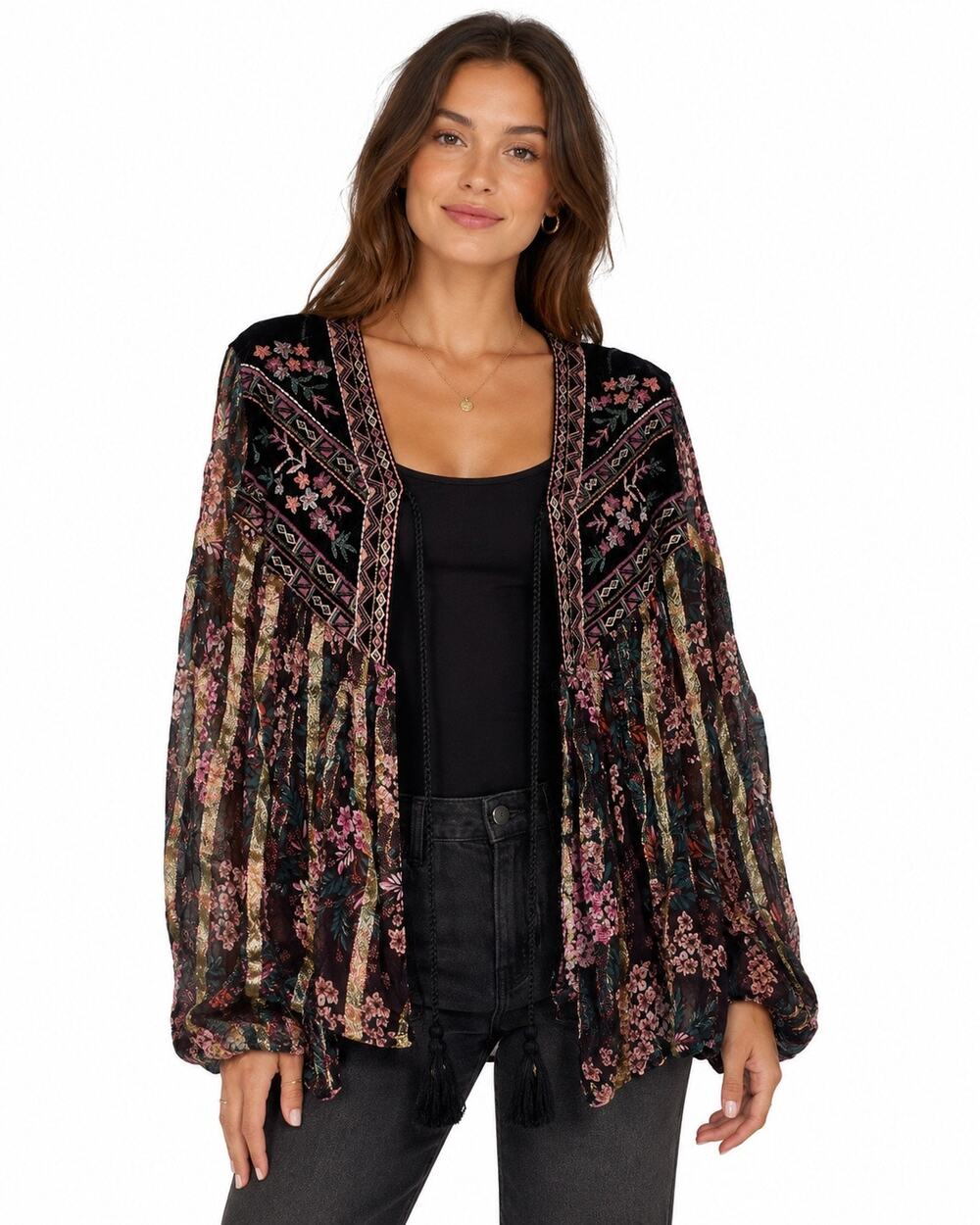 Zara L Embroidered Velvet Floral Boho Open Front Top cottage core festival